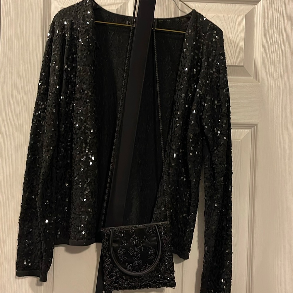 Finity Studio black sequin sweater with matching black bag and optional belt